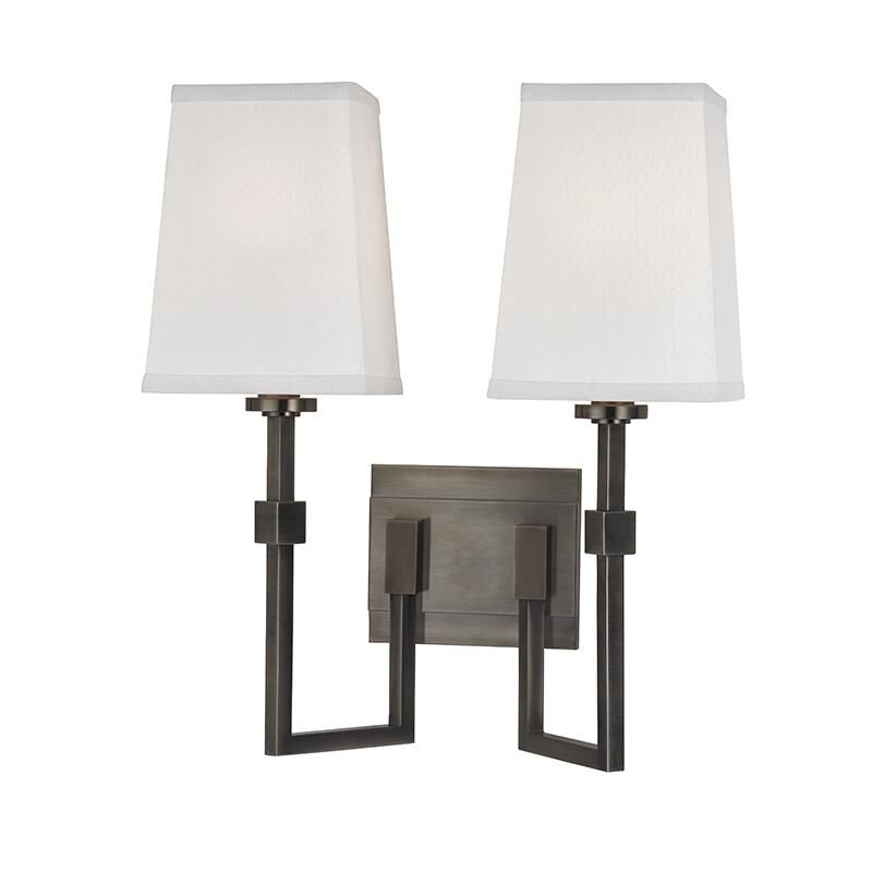 Shown in Historic Nickel finish and White Faux Silk shade